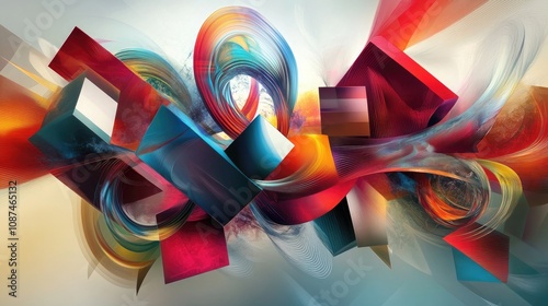 A collection of geometric shapes in motion, intertwined with colorful swirls, representing the complexity and fluidity of thought.