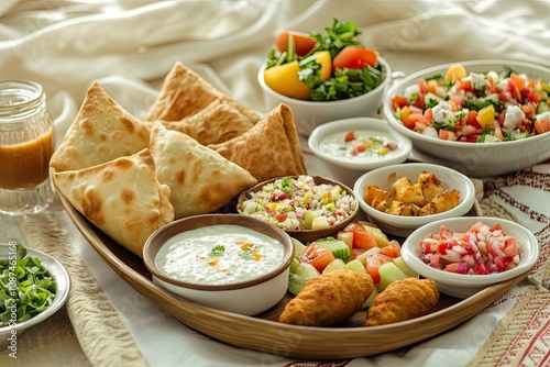 bahrain iftar and breakfast platter with samosa, raita, salad, bread, fruit chaat served in dish isolated on table top view of arabic breakfast