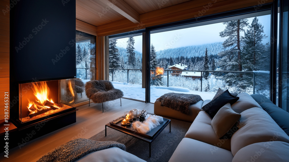 Obraz premium Cozy living room with modern fireplace and large windows overlooking snow-covered landscape and pine trees.