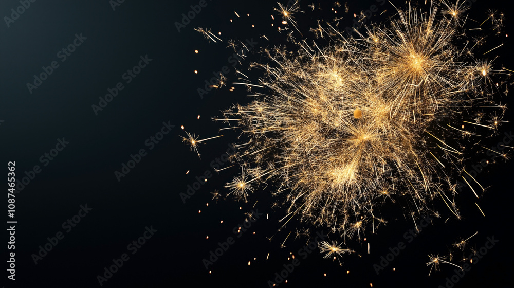 Close-up of bright golden sparkler fireworks against a dark background, capturing sparks and light trails in motion.