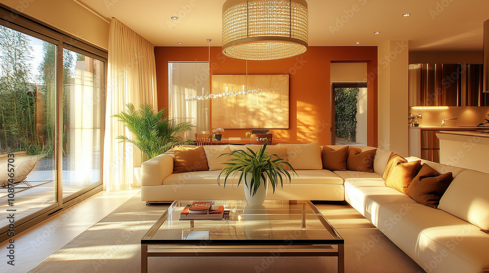 living room, contemporary style, rectangular glass coffee table, beige fabric sofa, sunny, terracotta walls, green plant, round chandelier living room, contemporary style, rectangular glass coffee table, beige fabric sofa, sunny, terracotta walls, green plant, round chandelier