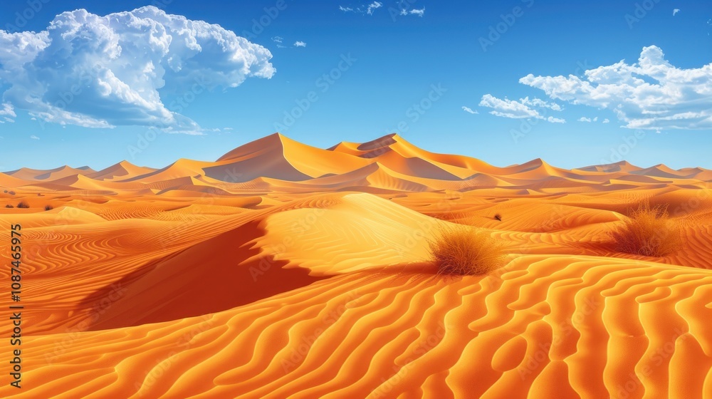 Fototapeta premium A vast expanse of sand dunes stretches across the desert landscape, with a few scattered tufts of vegetation and a clear blue sky above.