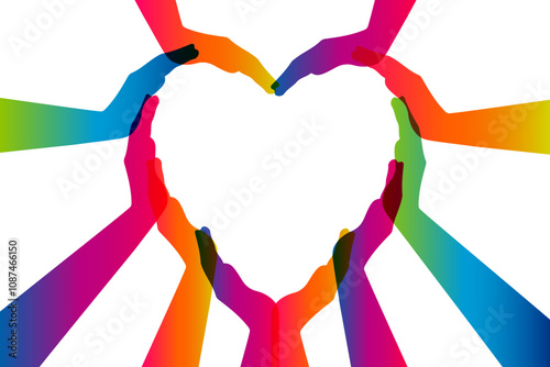 Many different hands making heart sign, isolated on white background. Frame with space for text. Concept of love, support, teamwork, volunteering. Valentine's day, human rights day, peace day.
