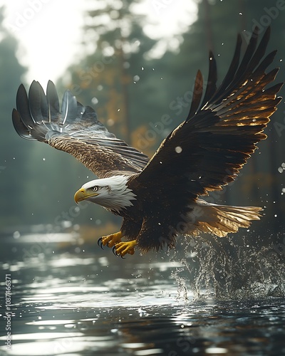 The power of an eagle captured mid-flight with glowing sunlight photo