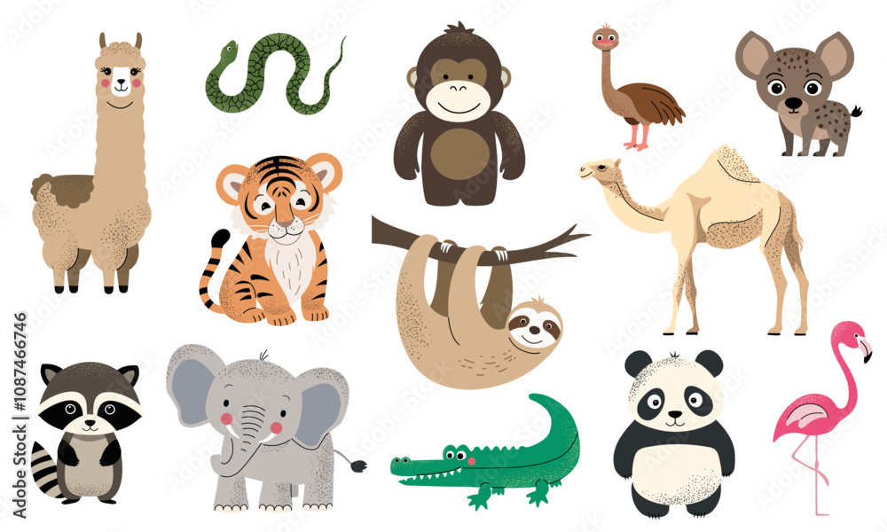 Fototapeta premium Wild jungle animals. African elephant, tiger, llama, sloth, crocodile, hyena, raccoon. Safari animals set.