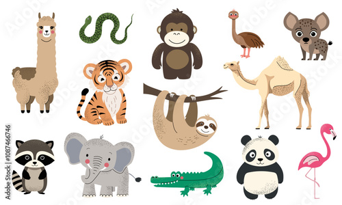 Wild jungle animals. African elephant, tiger, llama, sloth, crocodile, hyena, raccoon. Safari animals set.