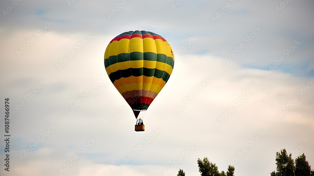 Naklejka premium Colorful Hot Air Balloon Soaring Through Cloudy Skies