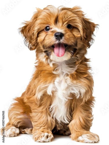 Happy Dog Sitting. Cute Reddish Havanese Puppy with Cheerful Expression