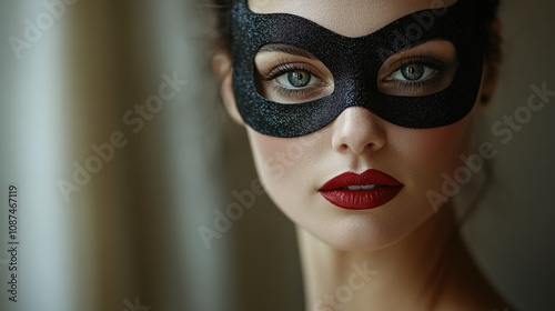 Elegant Woman in a Black Mask with Bold Red Lips