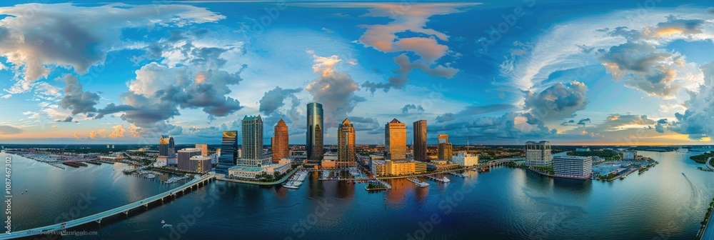 Fototapeta premium Home Skyline. Aerial Panorama of Tampa City Landscape Featuring Office and Residential Buildings