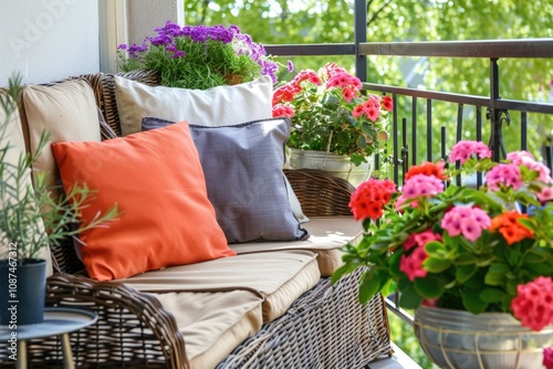 Home Balcony Design with Rattan Furniture, Bright Pillows, and Potted Plants photo