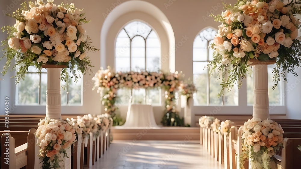 Fototapeta premium Bright and spacious wedding church with lovely decorations and flowers along the aisle