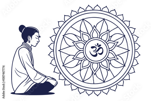 icon of meditation services , in the circle on the blank , nice figure in meditation, mandala, energy