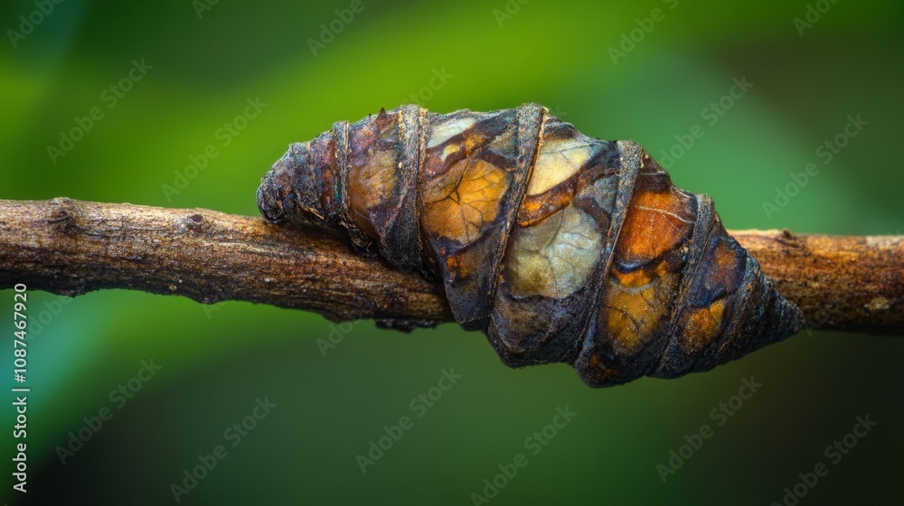 Close-Up of a Fascinating Cocoon Wrapped Around a Branch in Nature, Showcasing Intricate Textures and Colors in a Serene Environment Close-Up of a Fascinating Cocoon Wrapped Around a Branch in Nature, Showcasing Intricate Textures and Colors in a Serene Environment