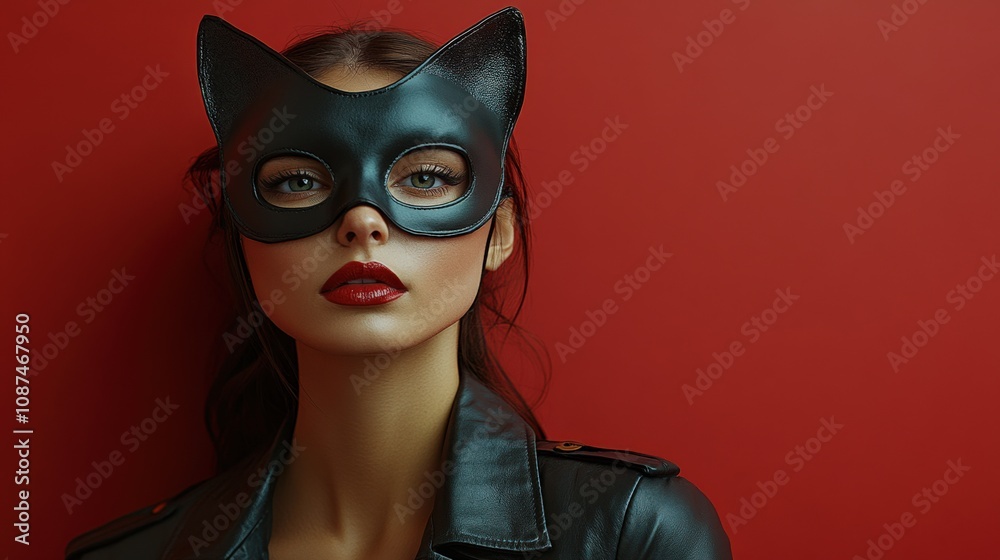 Elegant Woman in Cat Mask with Bold Red Background Elegant Woman in Cat Mask with Bold Red Background