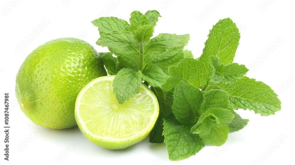 Lime Mint. Fresh Citrus Fruits, Green Lemon and Mint Leaves Isolated on White Background Lime Mint. Fresh Citrus Fruits, Green Lemon and Mint Leaves Isolated on White Background