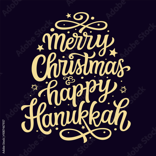 Merry Christmas and happy Hanukkah. Hand lettering golden script text isolated on black background. Vector typography for posters, banners, cards, Christmas and Hanukkah decorations