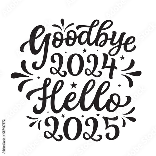 Goodbye 2024, hello 2025. Hand lettering golden script text isolated on black background. Vector typography for posters, banners, cards, New year or Christmas decorations