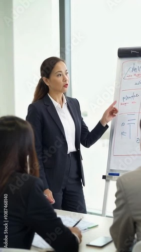 vertical video of Asian businesswoman stands next to a white board with graphs, explaining a financial strategy to her colleagues in office