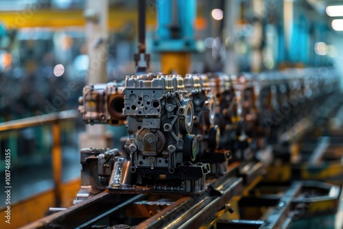 Manufacturing Line. Production of Engines at Car Factory with Industrial Machinery