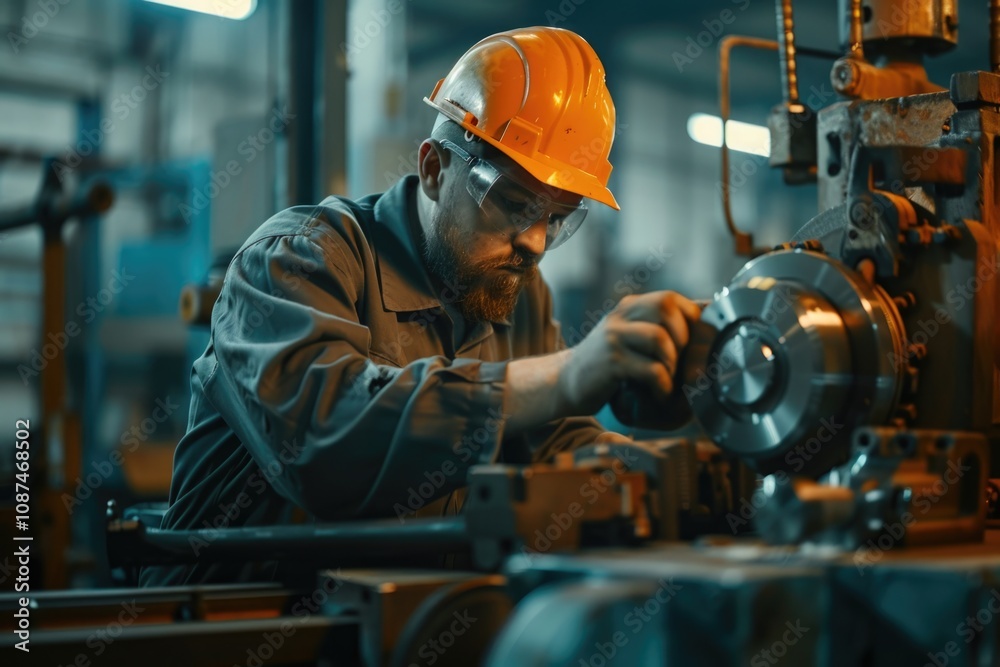 Men at Work. Experienced Auto Worker in Safety Helmet at Industrial Factory Workshop Men at Work. Experienced Auto Worker in Safety Helmet at Industrial Factory Workshop