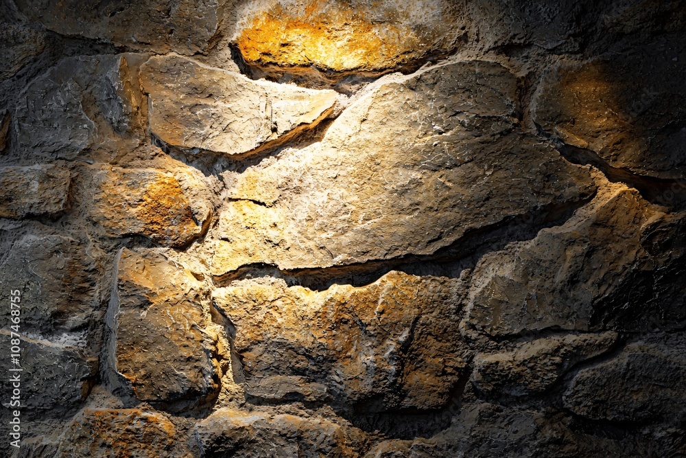 Fototapeta premium Illuminated Rustic Stone Wall Featuring Textured Patterns and Warm Lighting