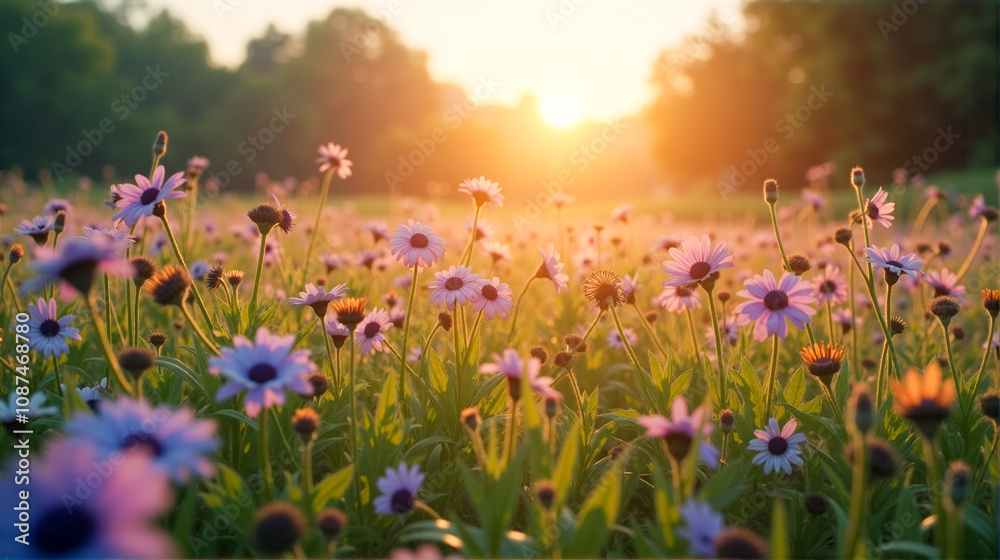 Fototapeta premium A vibrant field of wildflowers basking in the warm glow of the sunset near a serene green forest in summertime