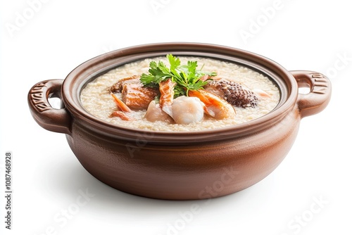 Porridge, abalone & chicken Porridge (congee) served in claypot isolated on a white background