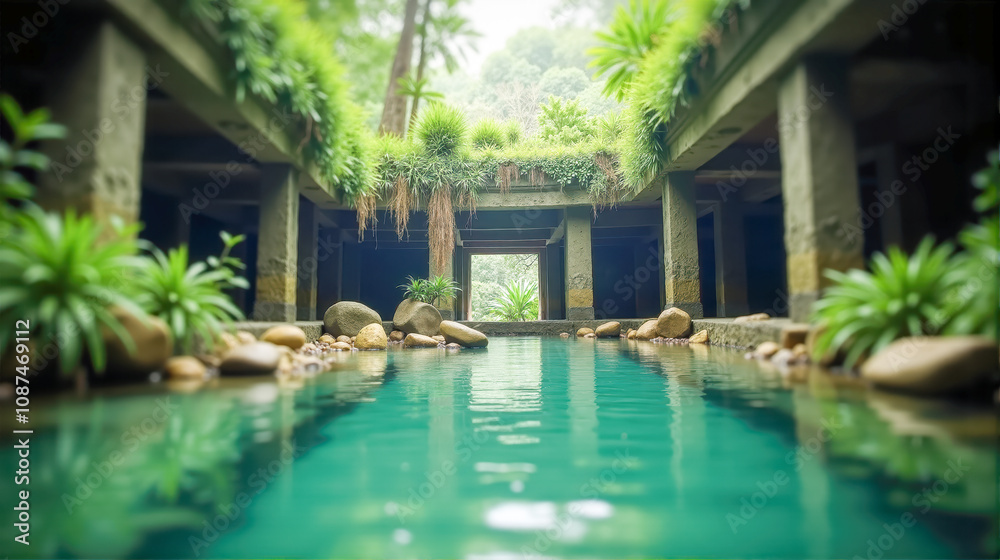 Tranquil green oasis with clear water surrounded by stone structures and lush plants during a misty afternoon Tranquil green oasis with clear water surrounded by stone structures and lush plants during a misty afternoon