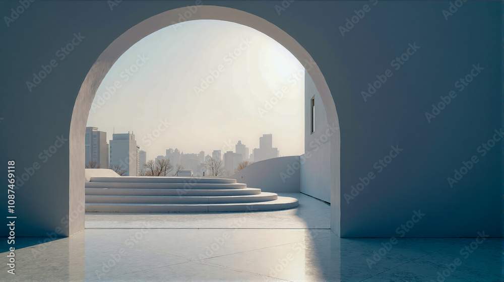 Fototapeta premium Modern architectural design featuring a minimalist archway with a view of a city skyline during daylight hours