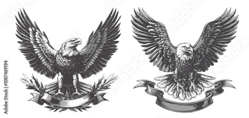 vintage eagle emblem. bird retro engraving, old fashioned ribbon wings black and white symbol vector illustration