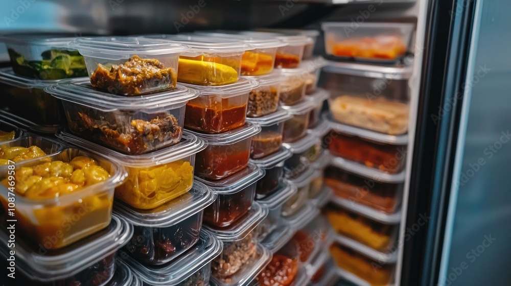 Plastic food containers stacked in a fridge, containing different types of prepared meals Plastic food containers stacked in a fridge, containing different types of prepared meals