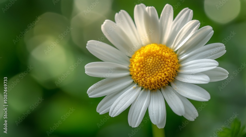 Fototapeta premium Close-Up of a Single White Daisy Flower with Bright Yellow Center Against a Soft Green Blurred Background for Nature and Floral Themes