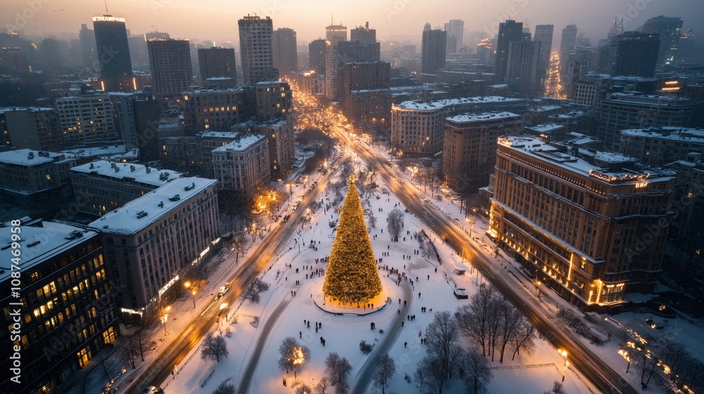 Fototapeta premium Aerial View Illuminated Cityscape Christmas Tree Snow
