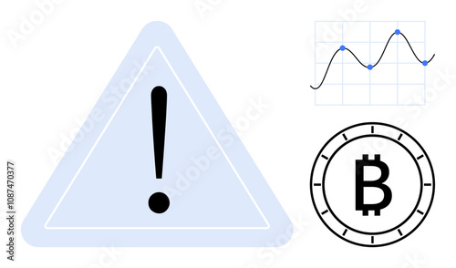 Exclamation sign triangle, Bitcoin symbol, and a line graph indicating fluctuations and volatility. Ideal for financial alerts, investment risk, market analysis, digital currency trends, educational