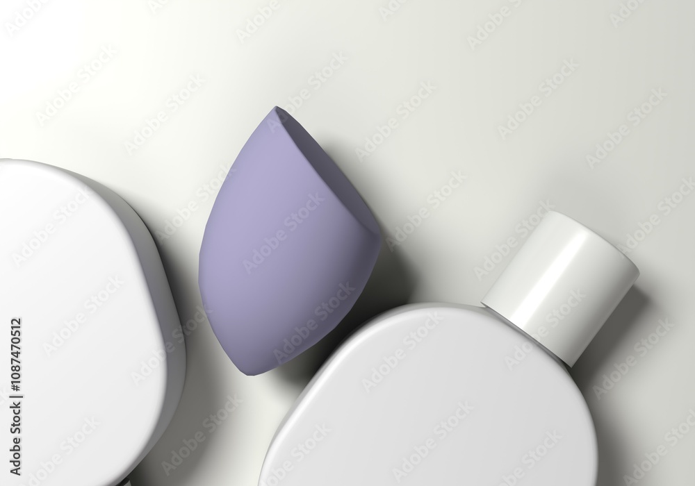 Fototapeta premium Beauty blender on gray background. Sponge and bottle for makeup, cosmetics products concept.