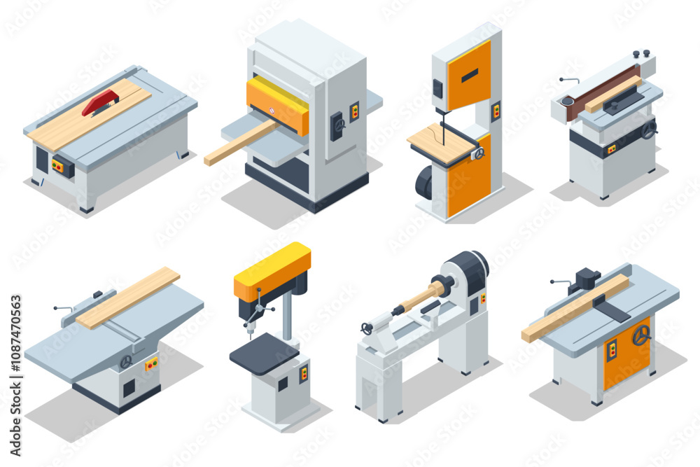 Obraz premium Isometric Carpentry machines set. Wood lathe, band saw wood machine, Circular saw cutting wooden plank, carpenter planer and thickness machine, Woodworking tools wooden table. Carpentry workshop