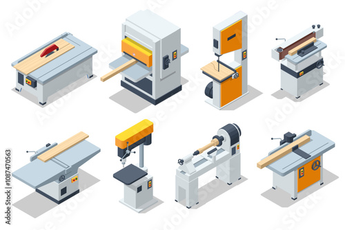 Isometric Carpentry machines set. Wood lathe, band saw wood machine, Circular saw cutting wooden plank, carpenter planer and thickness machine, Woodworking tools wooden table. Carpentry workshop