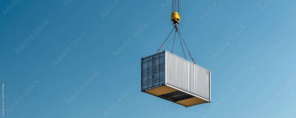 A cargo container is being lifted by a crane against a clear blue sky, showcasing industrial activity and logistics operations.
