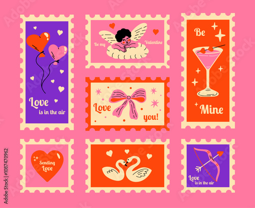 Saint Valentine's Day vector post stamps sticker elements set. Collection of cute groovy funky cartoon illustration with different romantic objects bow, cupid, heart, arrow, 14 February design concept