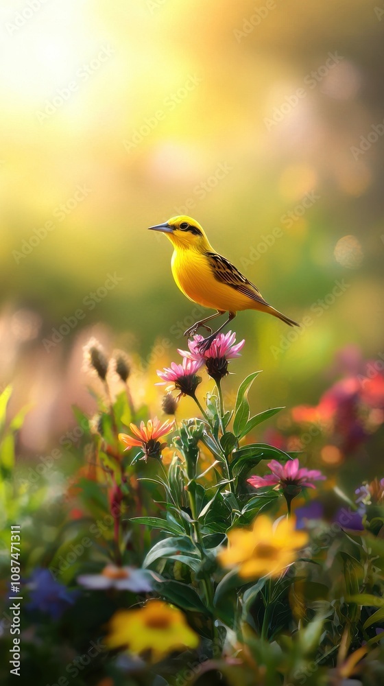 Naklejka premium Cheerful Bird in a Vibrant Meadow at Sunrise