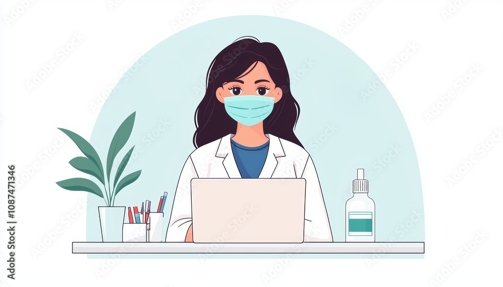 A female doctor wearing a mask sits at a desk with a laptop and medical supplies. A female doctor wearing a mask sits at a desk with a laptop and medical supplies.