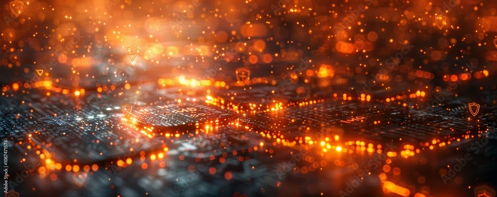Obraz premium Digital Network Security Concept with Glowing Orange Circuit Board and Shield Icons Representing Risk Mitigation