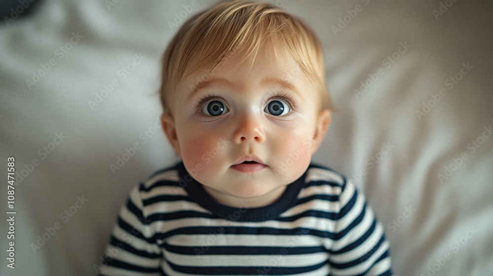 Curious Baby with Striking Blue Eyes in Striped Outfit Curious Baby with Striking Blue Eyes in Striped Outfit