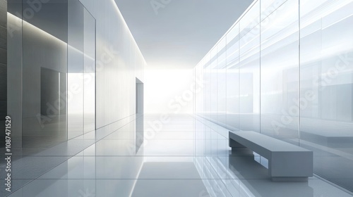 Modern Minimalist White Hallway With Glass Walls And Bench