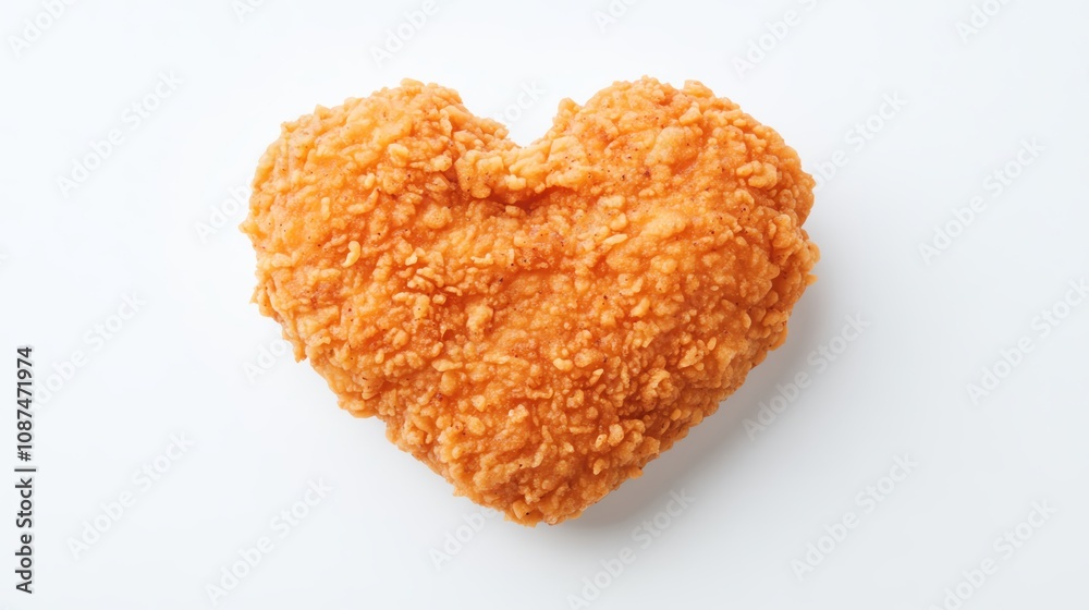 Heart-shaped crispy chicken nugget on a clean white background. Heart-shaped crispy chicken nugget on a clean white background.