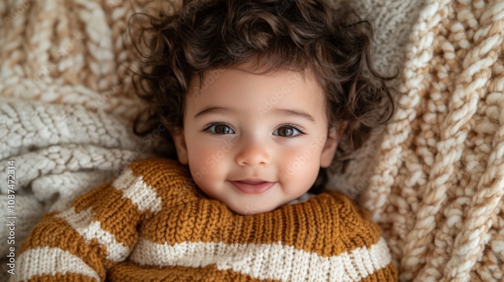 Adorable Child Smiling in Cozy Knitwear on a Soft Blanket Adorable Child Smiling in Cozy Knitwear on a Soft Blanket