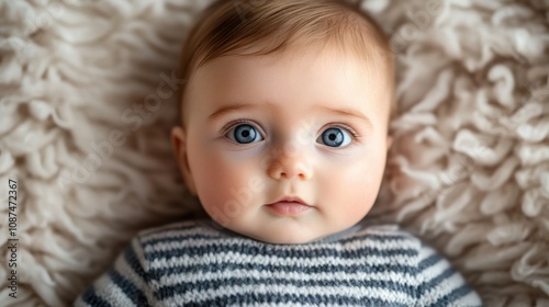 Adorable Baby with Striking Blue Eyes on Cozy Knit Blanket