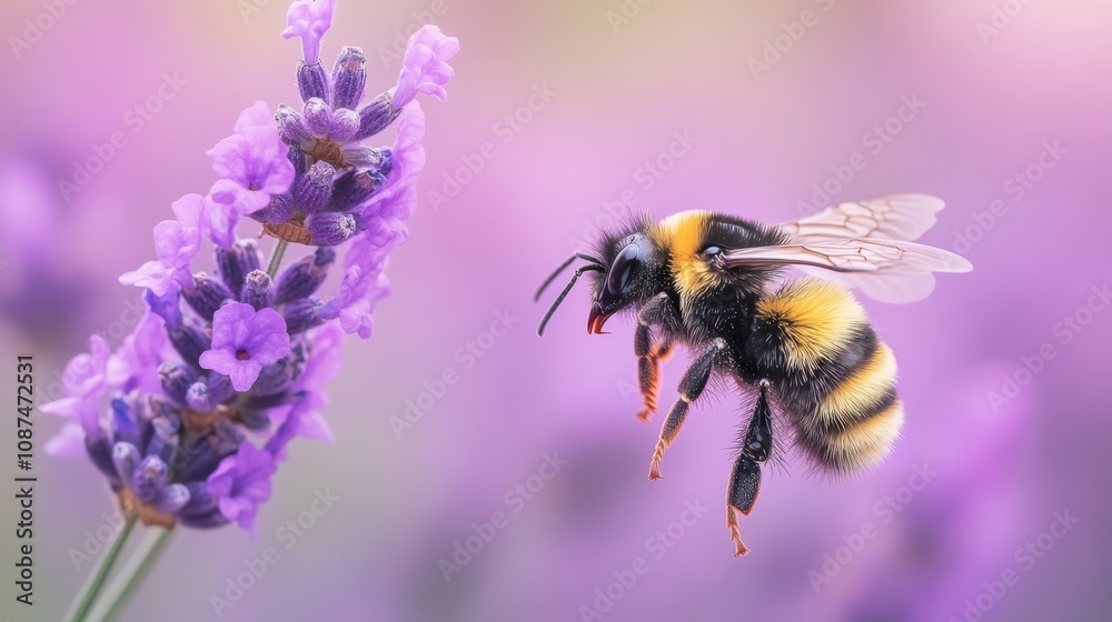 Close-Up of a Honey Bee Hovering Over Purple Lavender Flower in a Beautiful Garden Setting with Soft Pastel Background for Nature Lovers and Pollinator Enthusiasts Close-Up of a Honey Bee Hovering Over Purple Lavender Flower in a Beautiful Garden Setting with Soft Pastel Background for Nature Lovers and Pollinator Enthusiasts