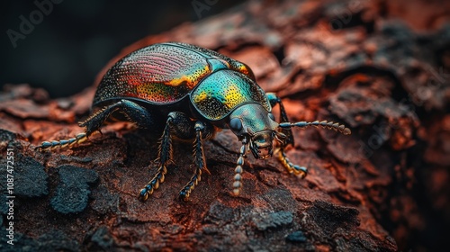 Close-up of Colorful Metallic Beetle Crawling on Tree Bark, Showcasing Detailed Patterns and Vivid Iridescence in Natural Habitat